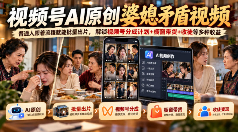 视频号ai原创婆媳矛盾视频,普通人跟着流程就能批量出片,解锁视频号分成计划+橱窗带货+收徒等多种收益插图 视频号ai原创婆媳矛盾视频,普通人跟着流程就能批量出片,解锁视频号分成计划+橱窗带货+收徒等多种收益插图