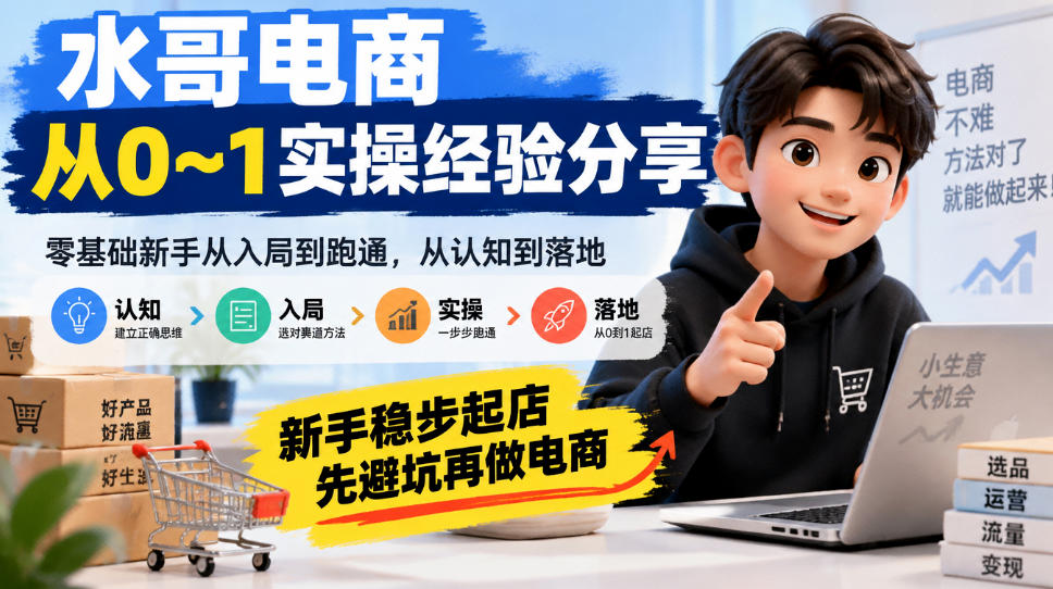 水哥电商从0~1实操经验分享,零基础新手从入局到跑通,从认知到落地,新手稳步起店,先避坑再做电商