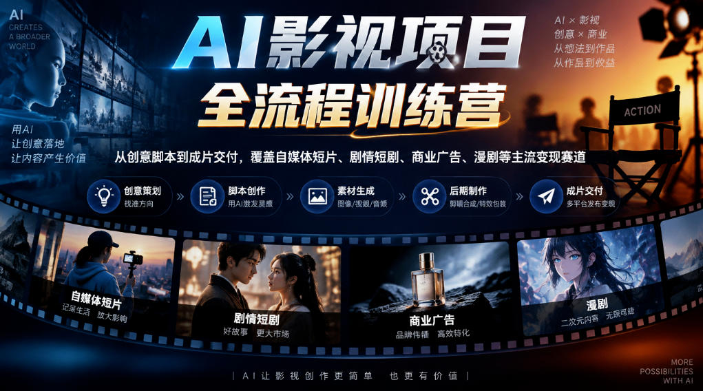 AI影视项目全流程训练营，从创意脚本到成片交付，覆盖自媒体短片、剧情短剧、商业广告、漫剧等主流变现赛道