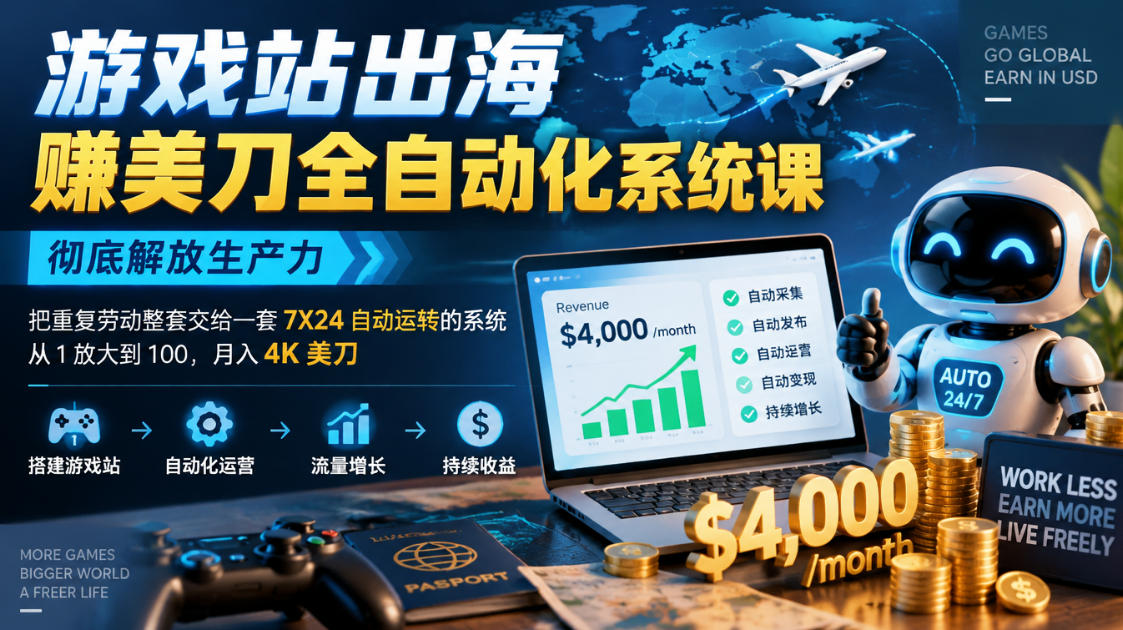 游戏站出海賺美刀全自动化系统课,彻底解放生产力–把重复劳动整套交给一套7X24自动运转的系统,从1放大到100,月入4K美刀