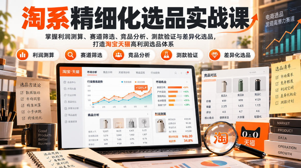 淘系精细化选品实战课：掌握利润测算、赛道筛选、竞品分析、测款验证与差异化选品，打造淘宝天猫高利润选品体系