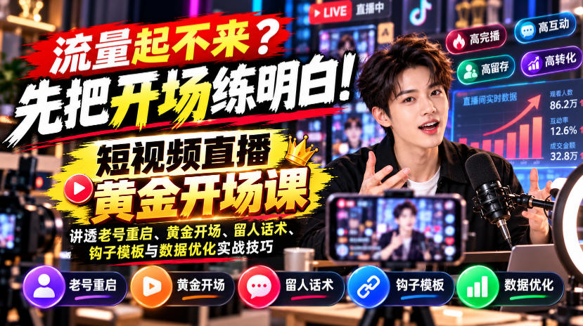 【无水印】流量起不来？先把开场练明白！短视频直播黄金开场课，讲透老号重启、黄金开场、留人话术、钩子模板与数据优化实战技巧