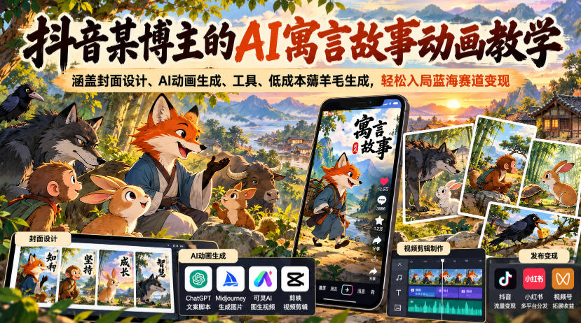 抖音某博主的AI寓言故事动画教学,涵盖封面设计、AI动画生成、工具、低成本薅羊毛生成,轻松入局蓝海赛道变现插图 抖音某博主的AI寓言故事动画教学,涵盖封面设计、AI动画生成、工具、低成本薅羊毛生成,轻松入局蓝海赛道变现插图