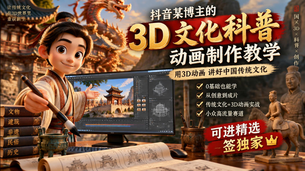 抖音某博主的3D文化科普动画制作教学，用3D动画呈现中国传统文化，可进精选签独家，单日收益1k+插图