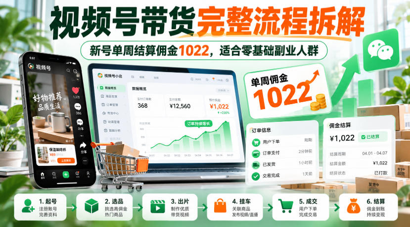 视频号带货完整流程拆解,新号单周结算佣金1022,适合零基础副业人群