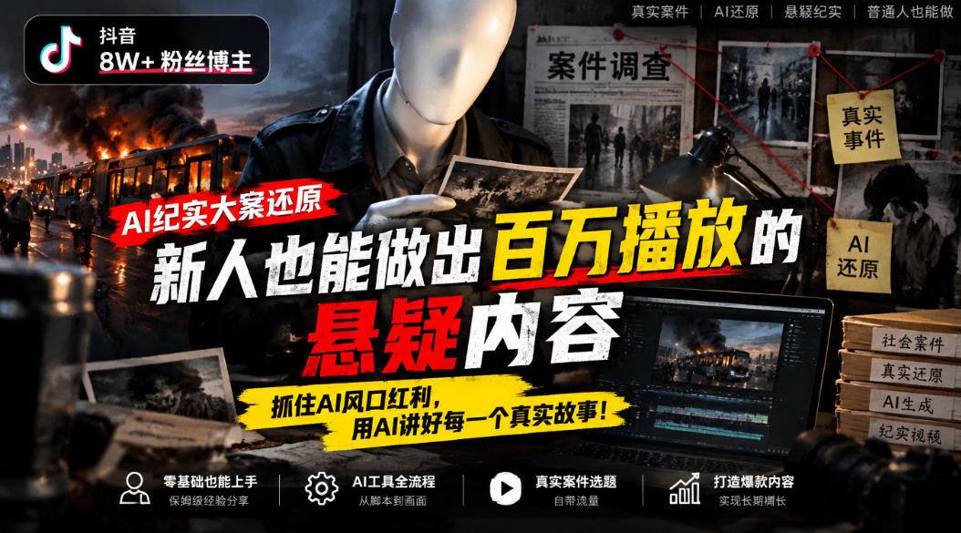 抖音8W粉丝博主的AI纪实大案还原教学,新人也能做出百W播放的悬疑内容,抓住AI风口红利,用AI讲好每一个真实故事插图 抖音8W粉丝博主的AI纪实大案还原教学,新人也能做出百W播放的悬疑内容,抓住AI风口红利,用AI讲好每一个真实故事插图