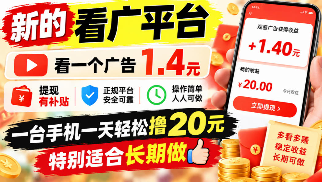 一个新的看广平台,看一个广告1.4元,提现有补贴,一台手机一天轻松撸20+,特别适合长期做【揭秘】